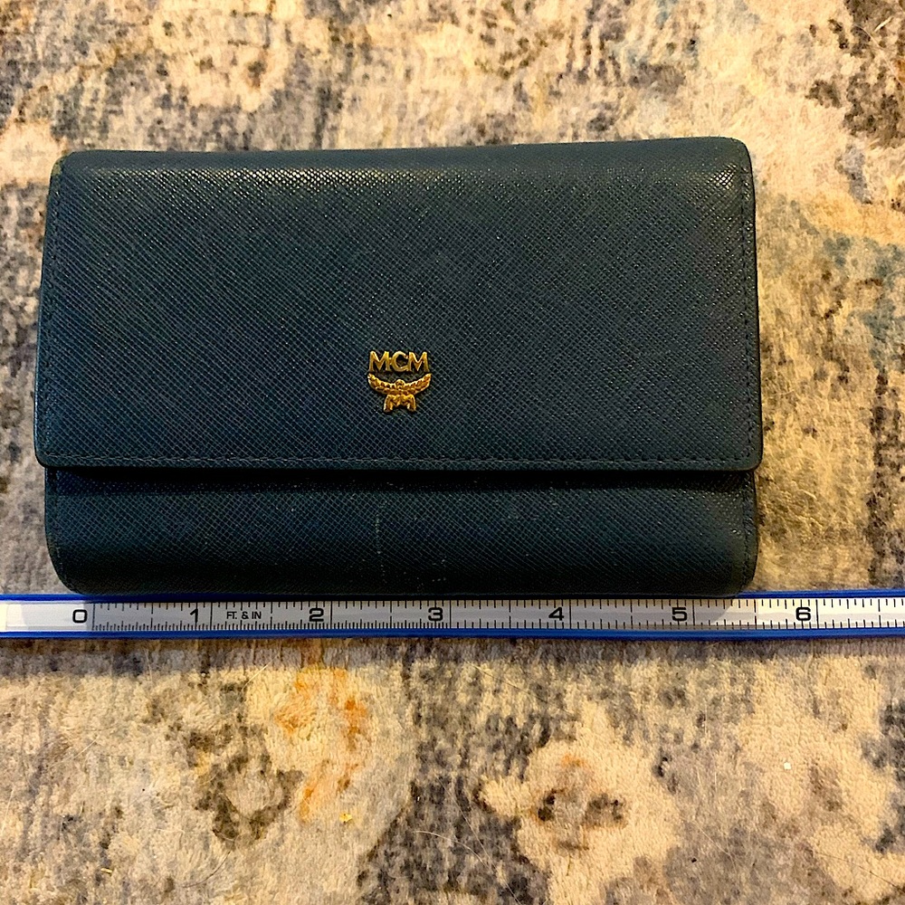 Authentic MCM blue Wallet with Gold Logo